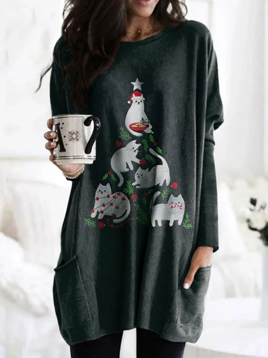 Black Casual Graphic Tops Round Neck Cat Printed Long Sleeve Sweatshirt