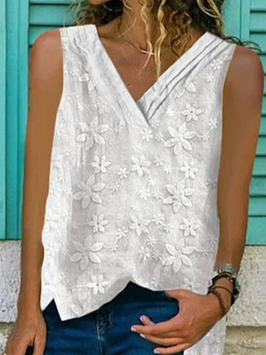 Summer White Floral Lace Sleeveless V Neck Tank