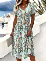 Casual Floral Print V Neck Short Sleeve A-Line Dress