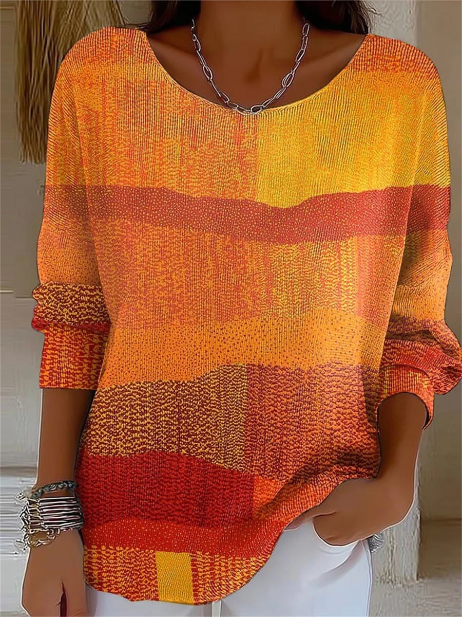 Retro Autumn Print Round Neck Long Sleeve Sweater