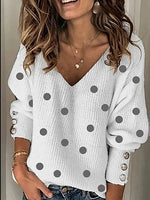 White Casual Graphic Tops Long Sleeve V Neck Polka Dot Printed Sweater
