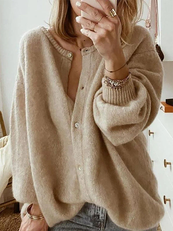 Khaki Casual Tops Round Neck Long Sleeve Solid Sweater