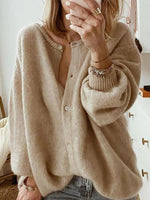 Khaki Casual Tops Round Neck Long Sleeve Solid Sweater