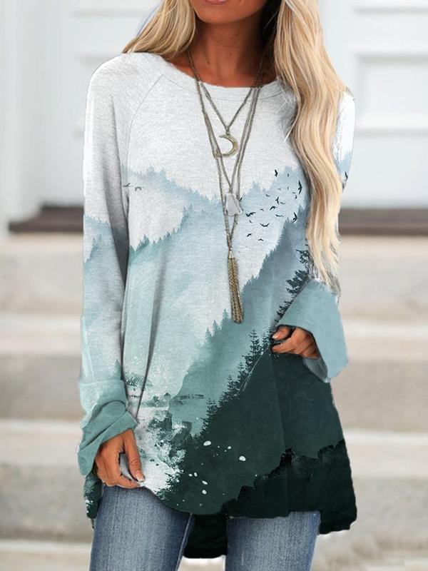 Multi Casual Graphic Tops Round Neck Long Sleeve Landscape Printed Sweatshirts