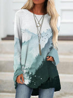 Multi Casual Graphic Tops Round Neck Long Sleeve Landscape Printed Sweatshirts