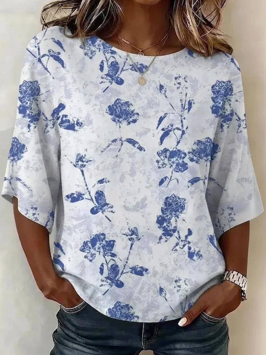 Vintage Blue Rose Print Flare 3/4 Sleeve Round Neck Top