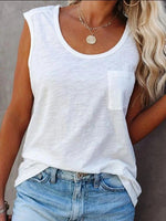 Casual Plain Crew Neck Pockets Tank