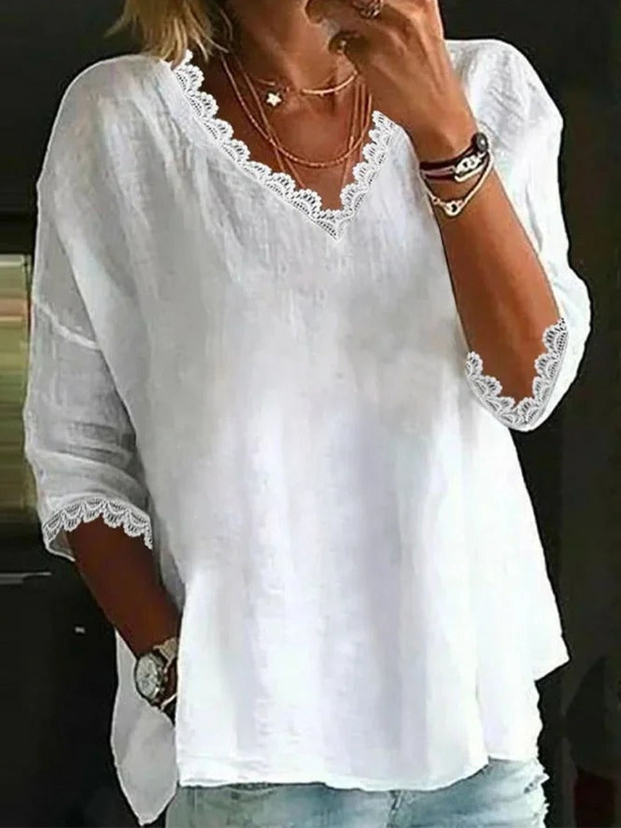 White Lace V-neck 3/4 Sleeves Casual Blouse