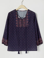 Casual V-neck 3/4 Sleeve Boho Border Print Blouse