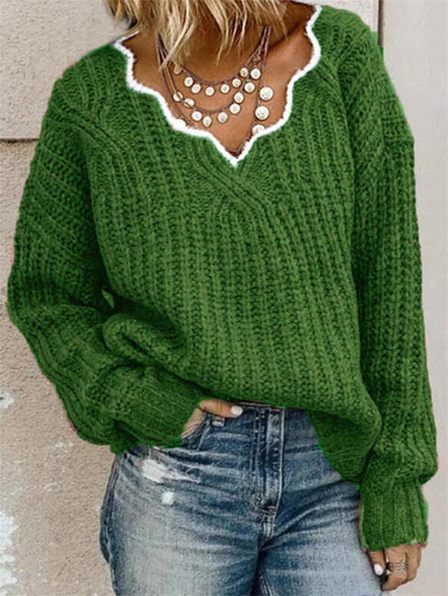 Green Casual V Neck Solid Long Sleeve Sweater