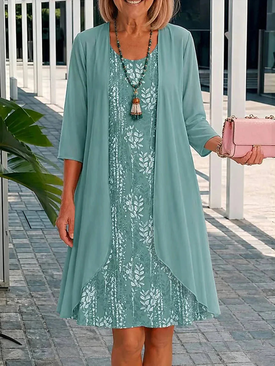 Green Lace Print Dress with Chiffon Cardigan