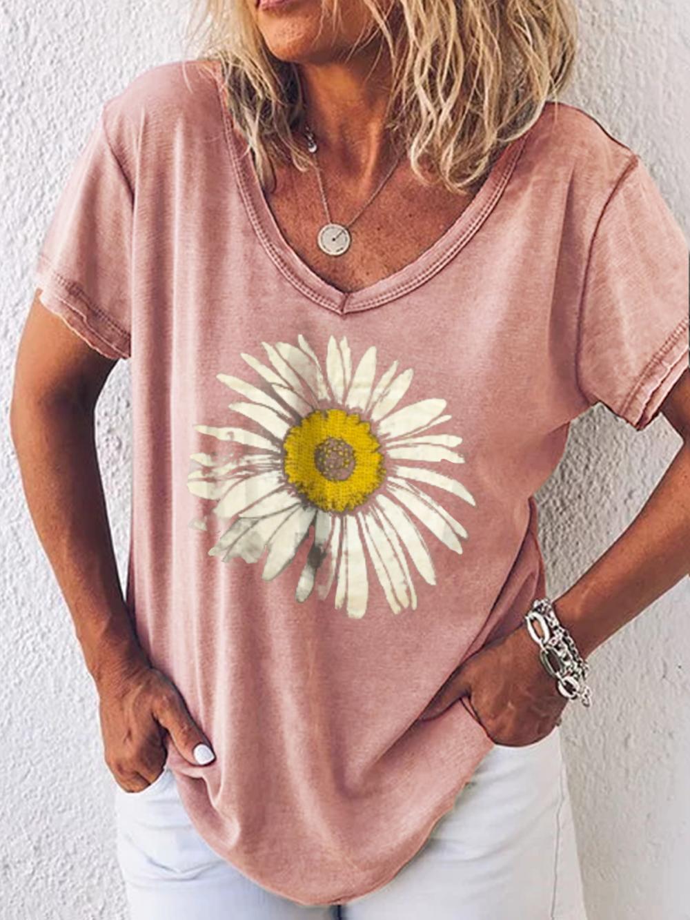 V-neck Printed Casual Short Sleeve Floral T-Shirt