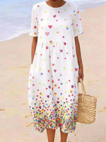White Heart Print Round Neck Short Sleeve Midi Dress