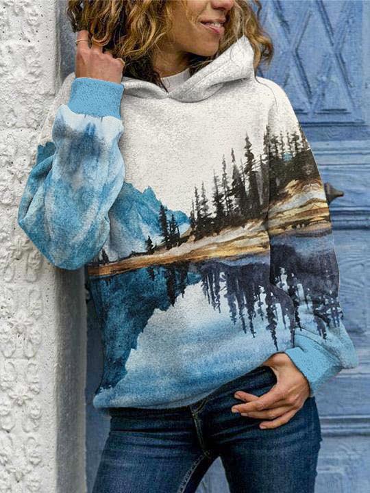 Multi Casual Graphic Tops Long Sleeve Landscape Printed Hoodies