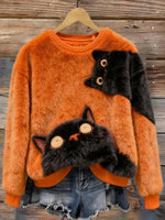 Women's Funny Cats Pattern Art Print Casual Round Neck Velvet Sweatshirt