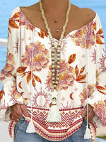 Chic Floral Print V-Neck Long Sleeve Top