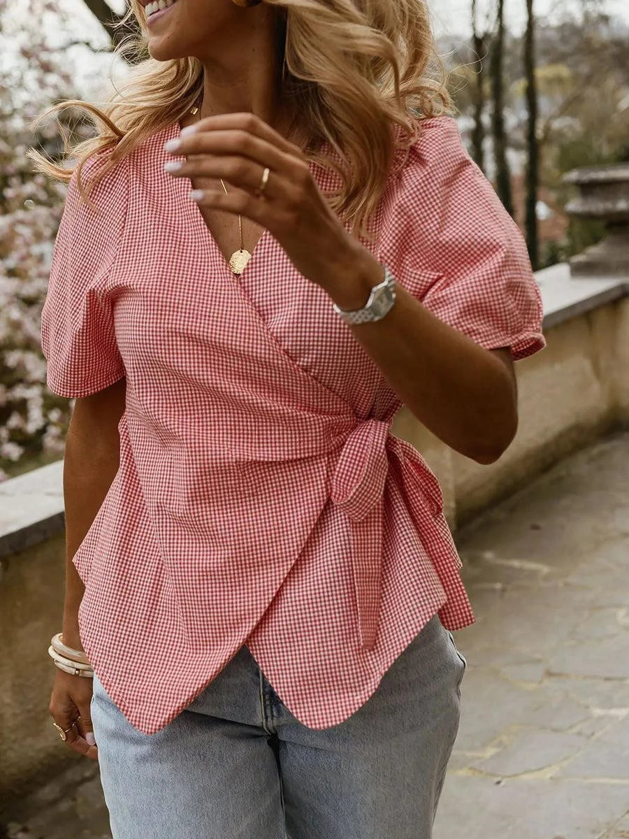 Pink Gingham Wrap Tie Puff Short Sleeve Blouse