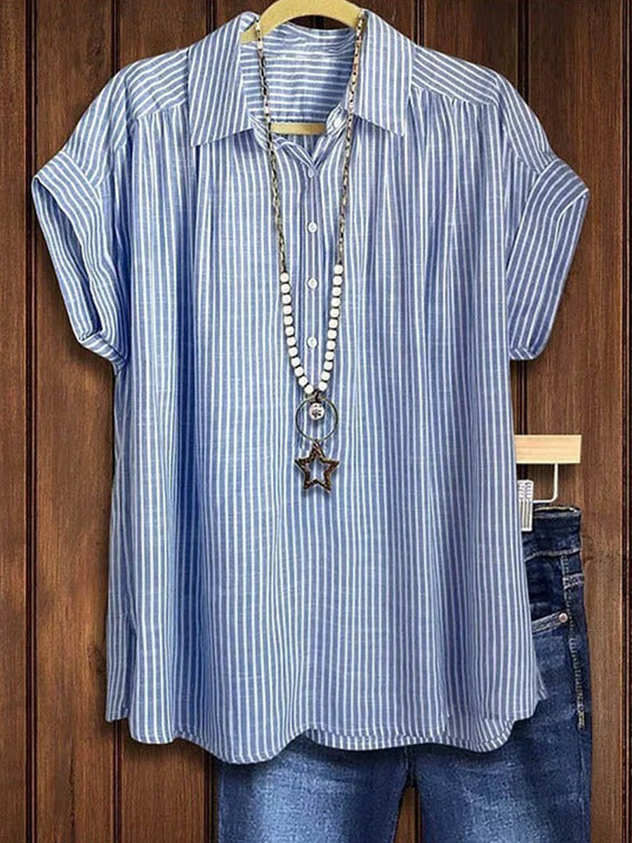 Striped Linen Stand Collar Short Sleeve Blouse