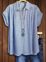 Striped Linen Stand Collar Short Sleeve Blouse