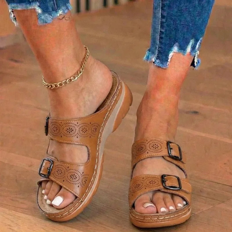 Genuine Leather Platform Slides
