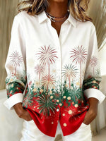 Christmas Fireworks Print White Long Sleeve Shirt
