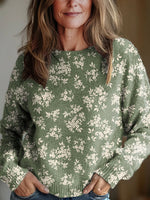 Women's Vintage Floral Art Print Round Neck Long Sleeve Pullover Sweater