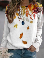 Casual Round Neck Long Sleeve Leaves Print Sweatshirt
