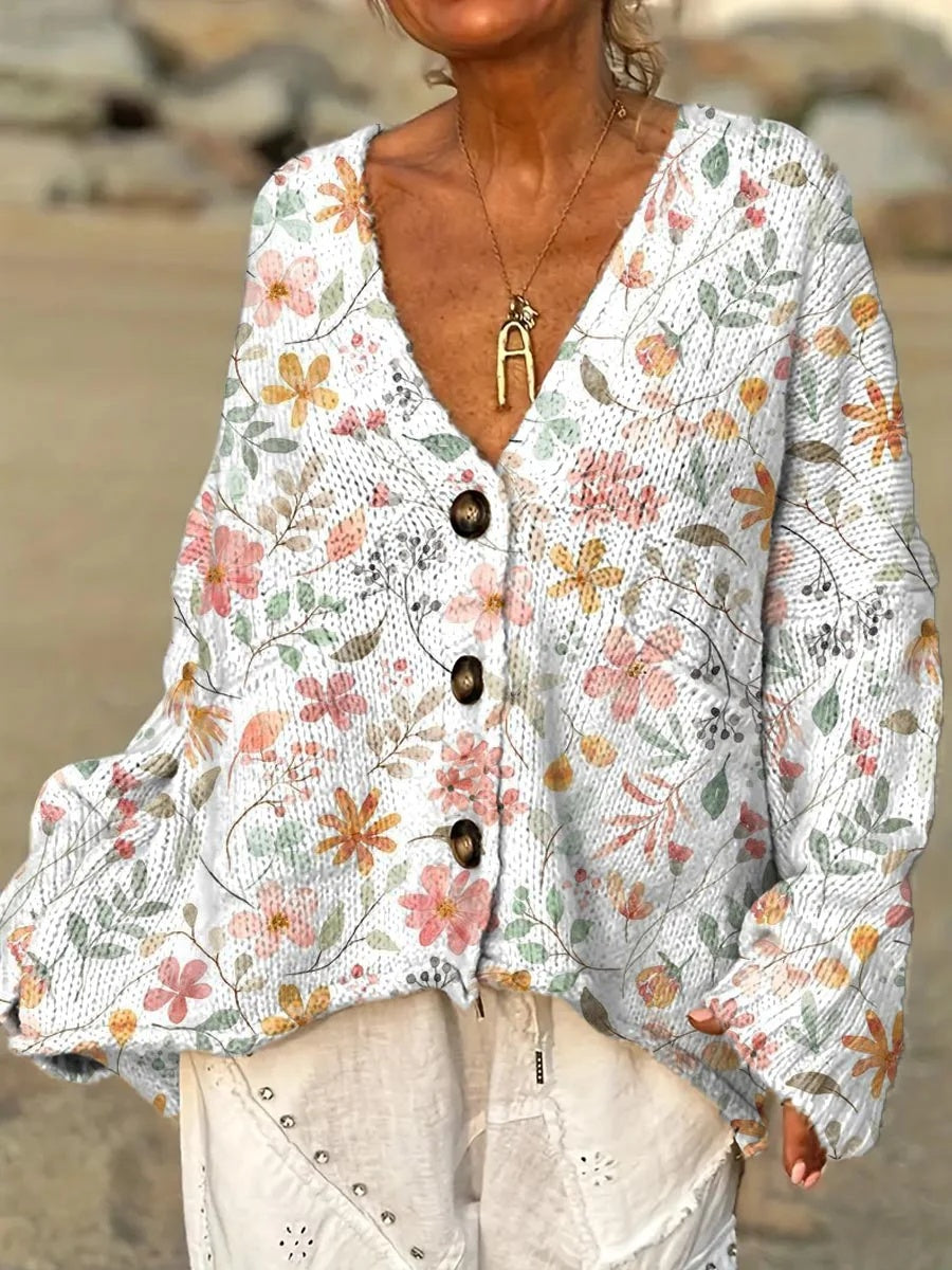 Women's Floral Pattern Art Print V-neck Long Sleeve Casual Pullover Sweater