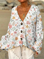 Women's Floral Pattern Art Print V-neck Long Sleeve Casual Pullover Sweater