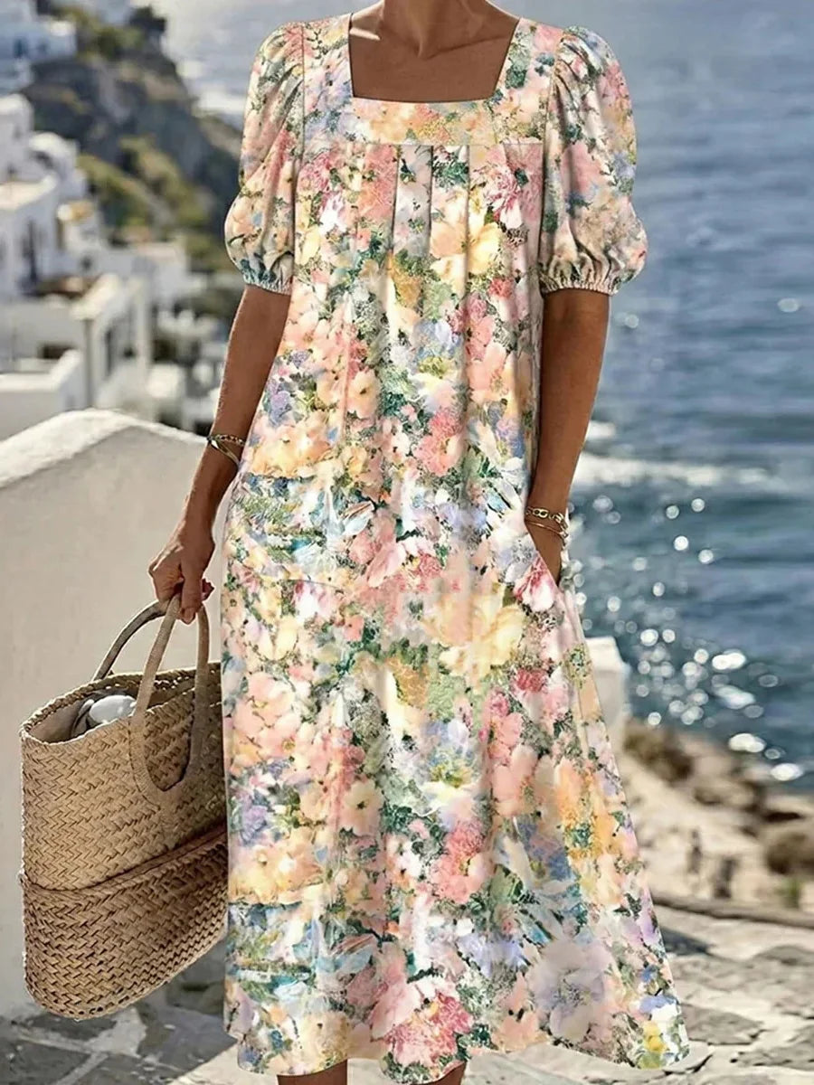 Watercolor Floral Print Square-Neck Puff-Sleeve Midi Dress