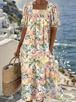 Watercolor Floral Print Square-Neck Puff-Sleeve Midi Dress