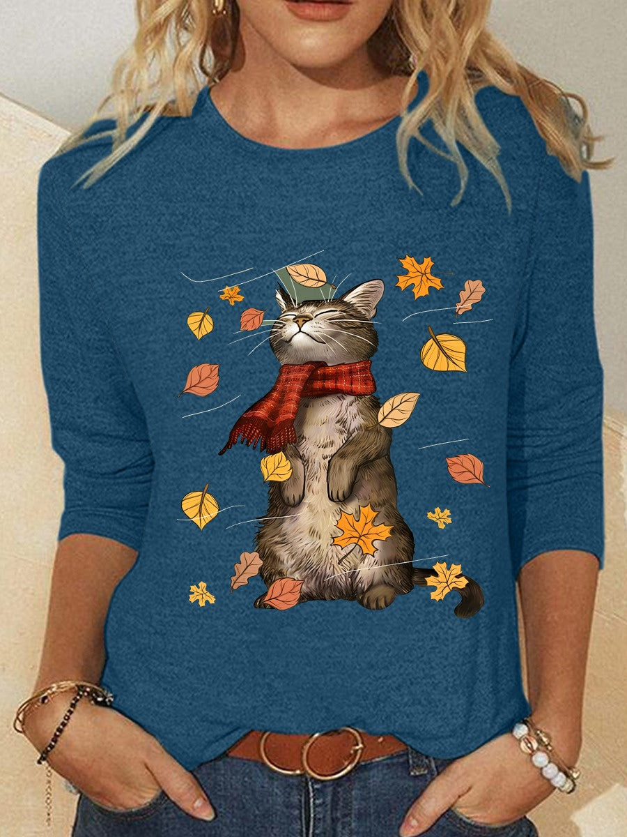 Cat And Leaves Print Crew Neck Long Sleeve Blouse