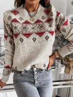 Apricot Casual Tops Round Neck Long Sleeve Geometric Printed Sweater