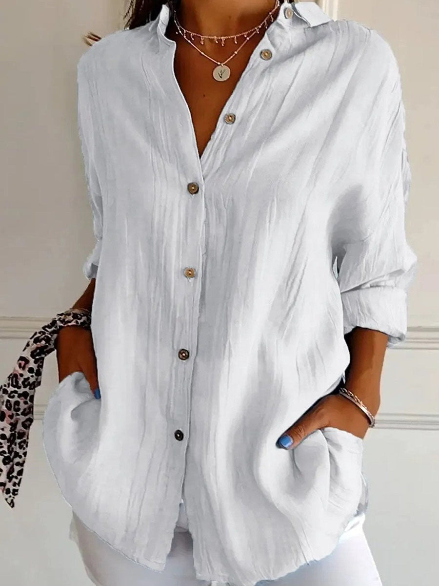 Solid Casual Buttoned Loose V Neck Blouse