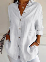 Solid Casual Buttoned Loose V Neck Blouse