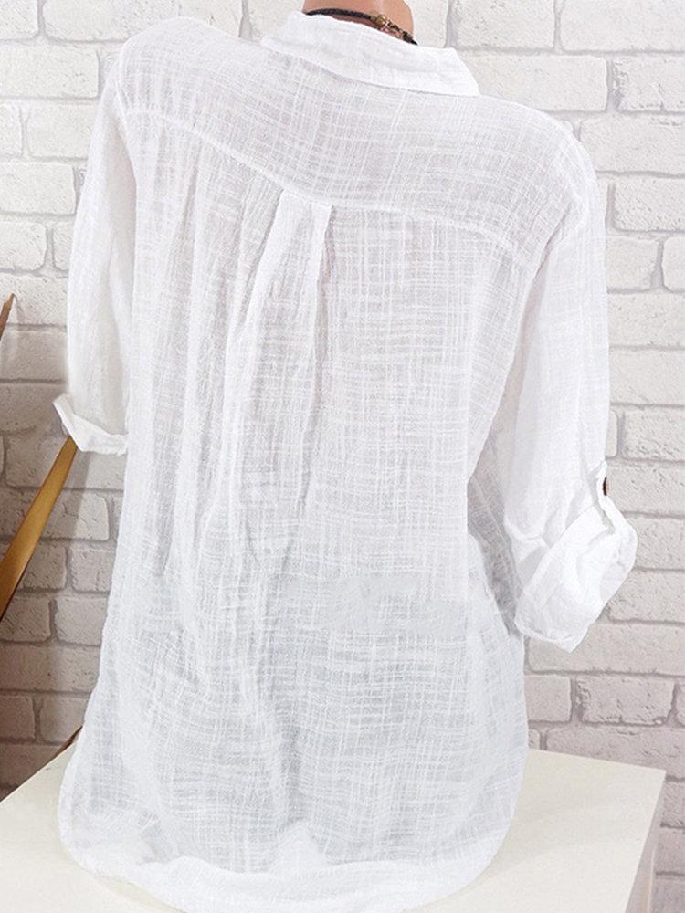 White Solid with Buttons Casual Stand Collar Blouse