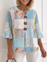 Chic Patchwork Floral Print 3/4 Sleeve Top