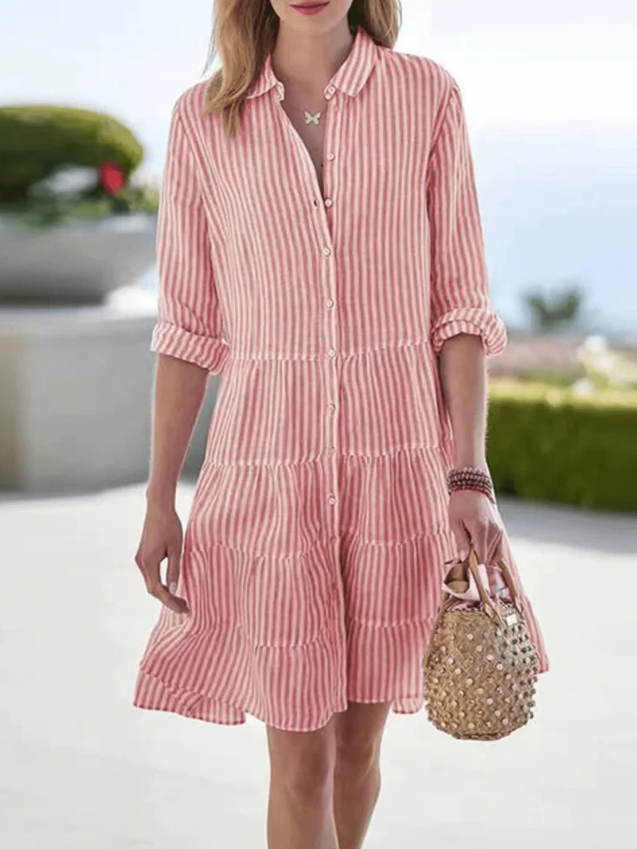 Casual Lapel Long Sleeve Striped Summer Dress