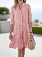 Casual Lapel Long Sleeve Striped Summer Dress