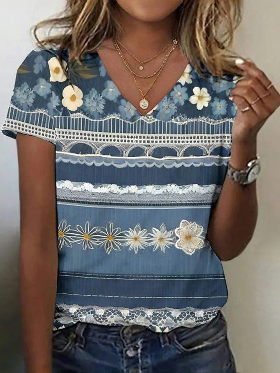Floral Print Casual V-neck Short Sleeve T-Shirt