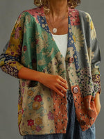 V Neck Casual Long Sleeve Floral Print Sweater Cardigan