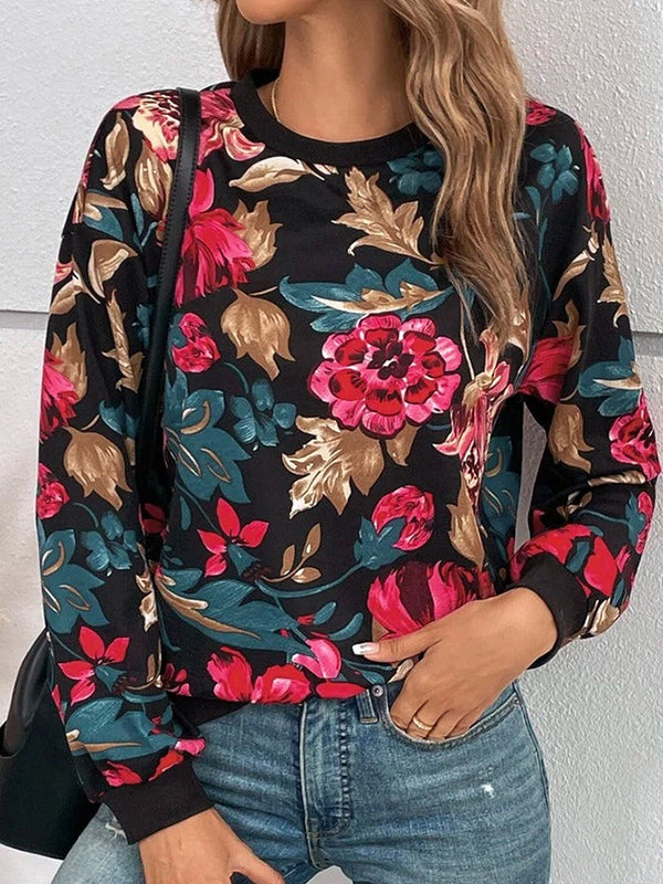 Multicolor Casual Graphic Tops Round Neck Long Sleeve Floral Printed Blouse