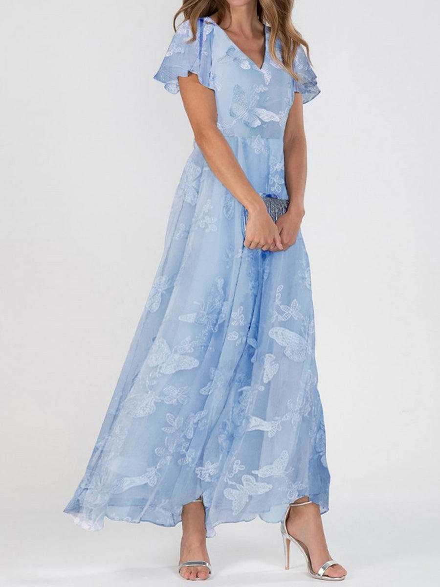 Elegant V Neck Short Sleeve Floral Print Blue Maxi Dress