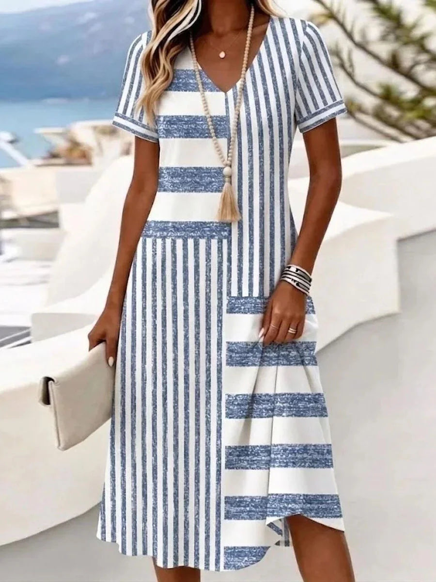 Mixed Horizontal Vertical Stripe V Neck Short Sleeve Midi Dress