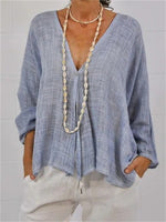 Women?ˉs Casual Solid Color Textured V Neck Loose Long Sleeve Blouse
