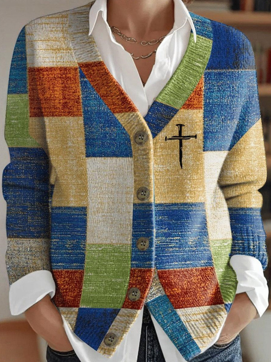 Stylish V-Neck Check Print Outerwear