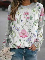 Pink Casual Graphic Tops Round Neck Long Sleeve Floral Printed Sweatshirts