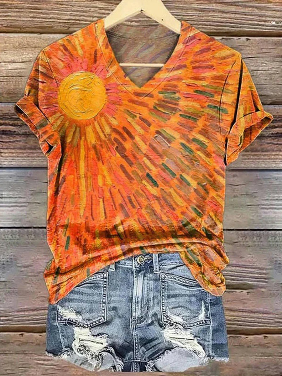 Colourful Abstract Print V-neck Short Sleeve T-Shirt