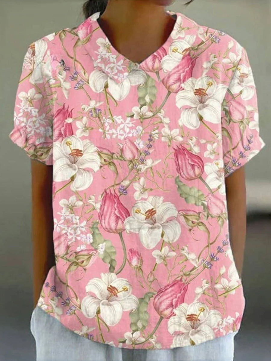 Vintage Floral Print Short Sleeve Blouse