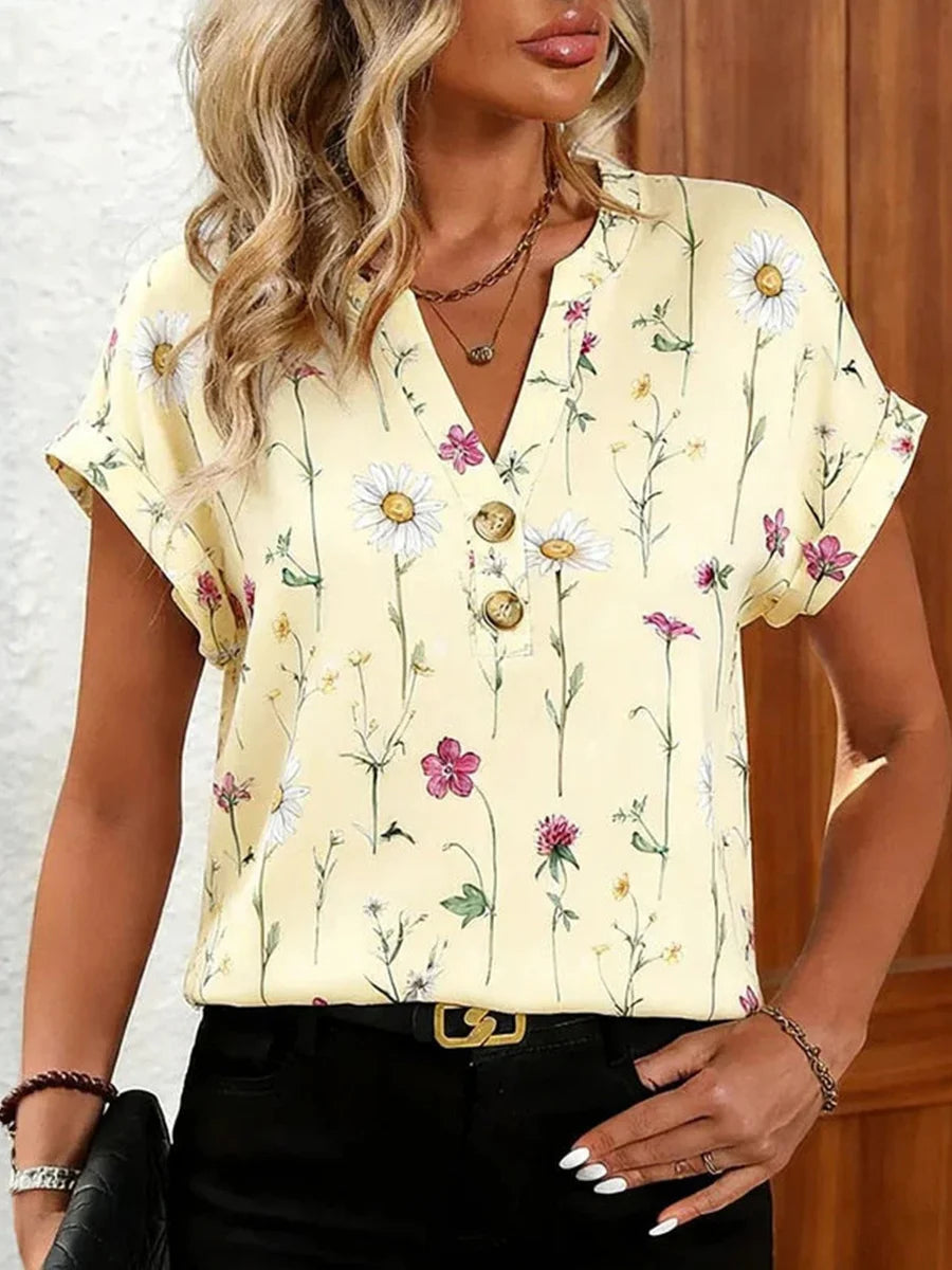 Casual Floral Print V-neck Short Sleeve Blouse